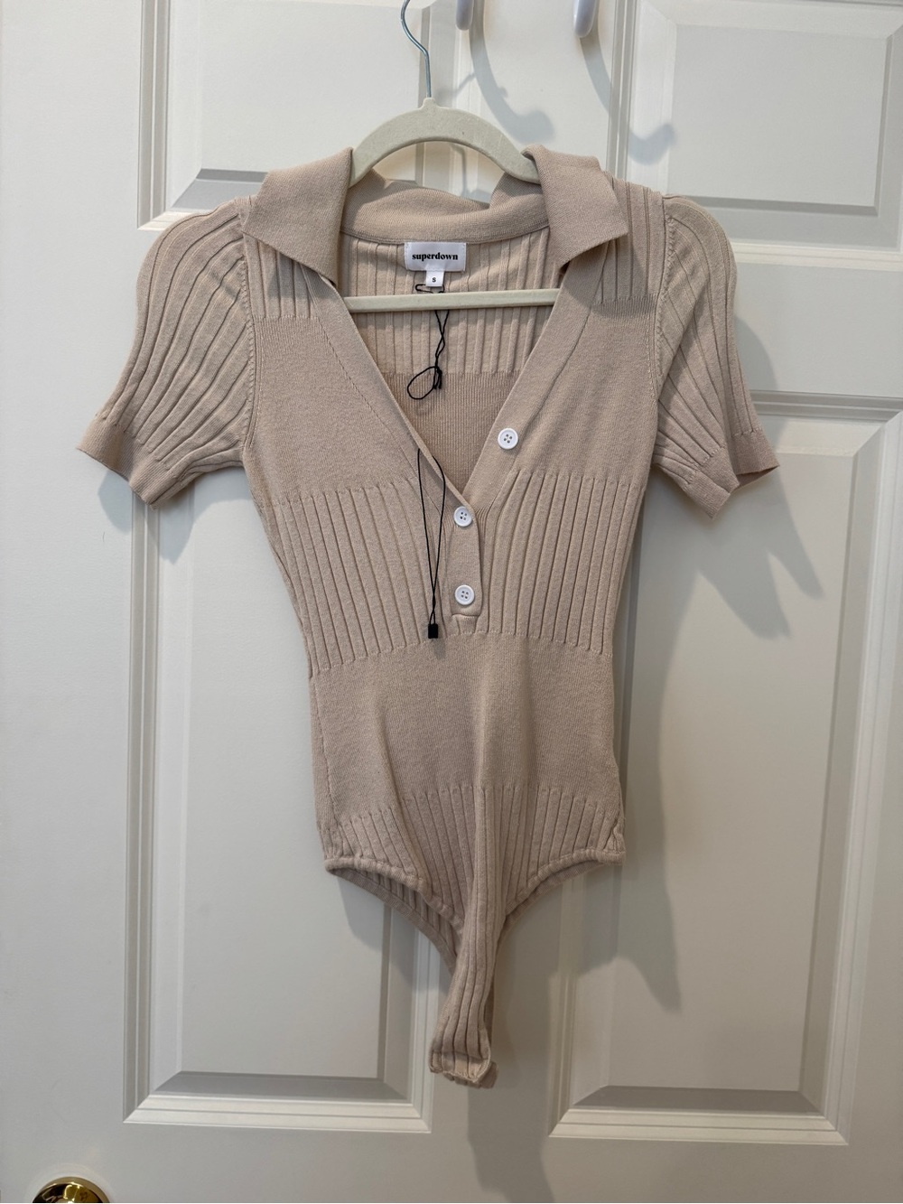 superdown Knit Button-Up Collared Bodysuit in Light Beige